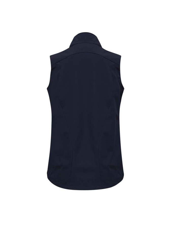 A navy women's vest with a collar and a fitted design, featuring a branding logo.