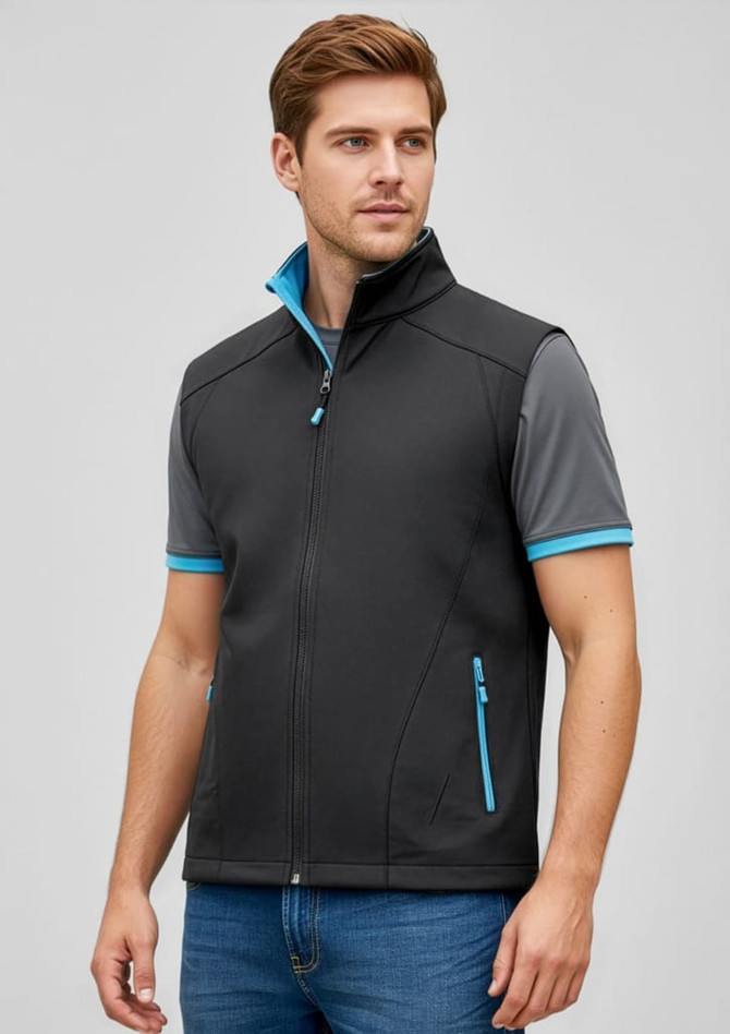A men's vest in black and grey with blue accents, featuring a zip closure and side pockets. It has a logo.