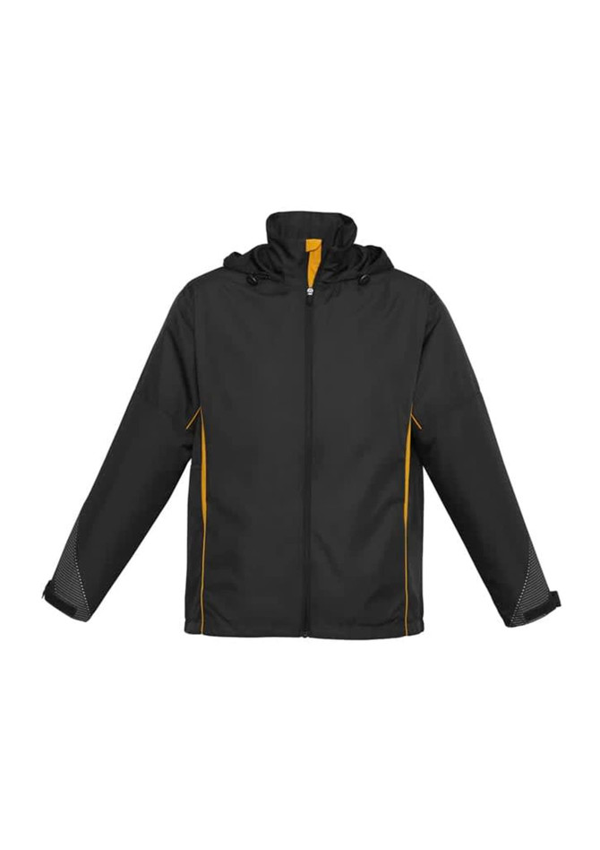 A black jacket with yellow accents and a hood, featuring long sleeves and a zippered front. It has a logo.