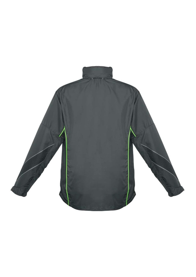A unisex jacket in dark grey with green accents, featuring a high collar and long sleeves.
