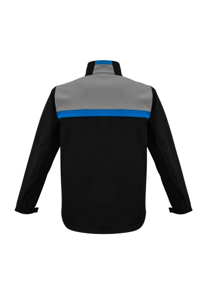 A unisex soft shell jacket in black, with grey and blue accents, featuring a logo on the back.