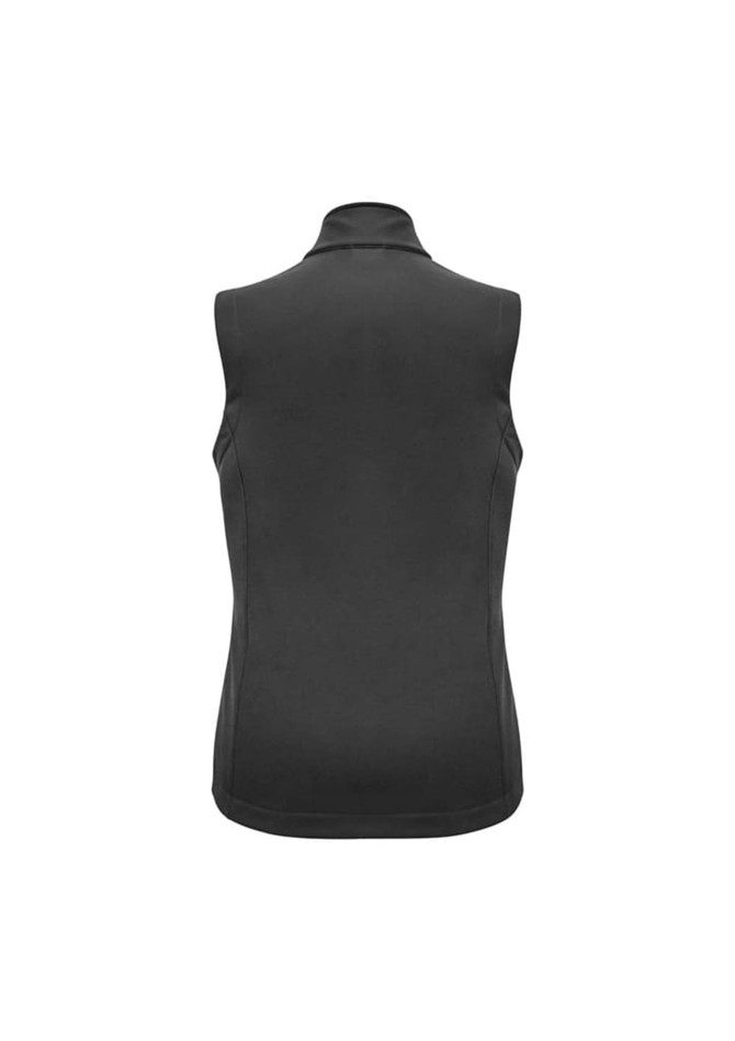 A black women's vest featuring a high collar, with a fitted design and no visible branding.