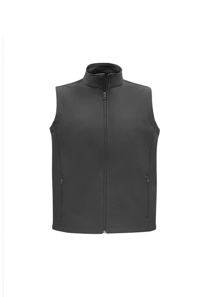 A grey men's vest features a zip front and side pockets, with a logo on the chest.