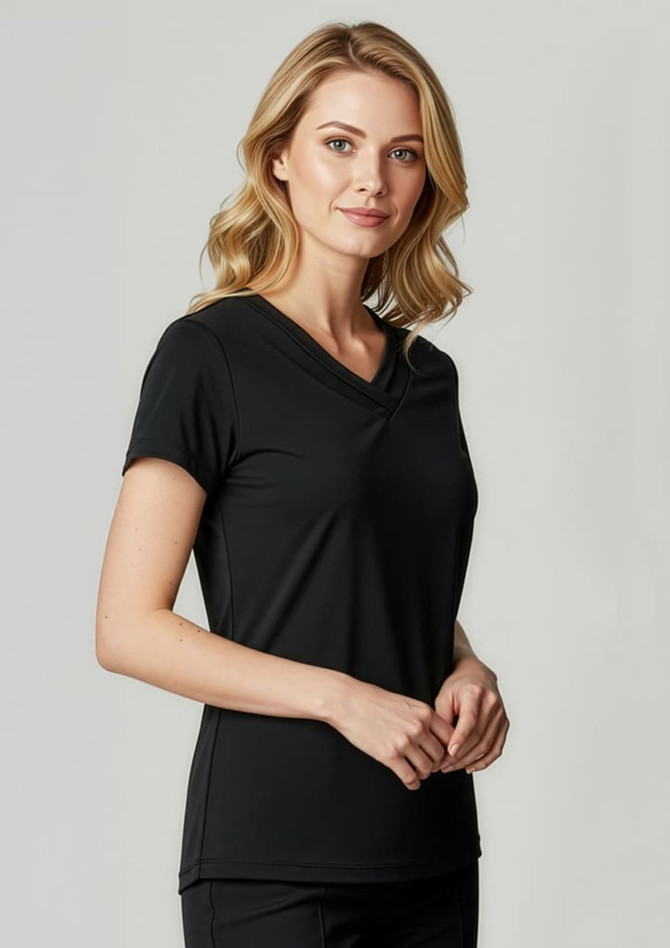 A short-sleeve black top for women with a v-neck design, featuring a fitted silhouette and soft fabric.