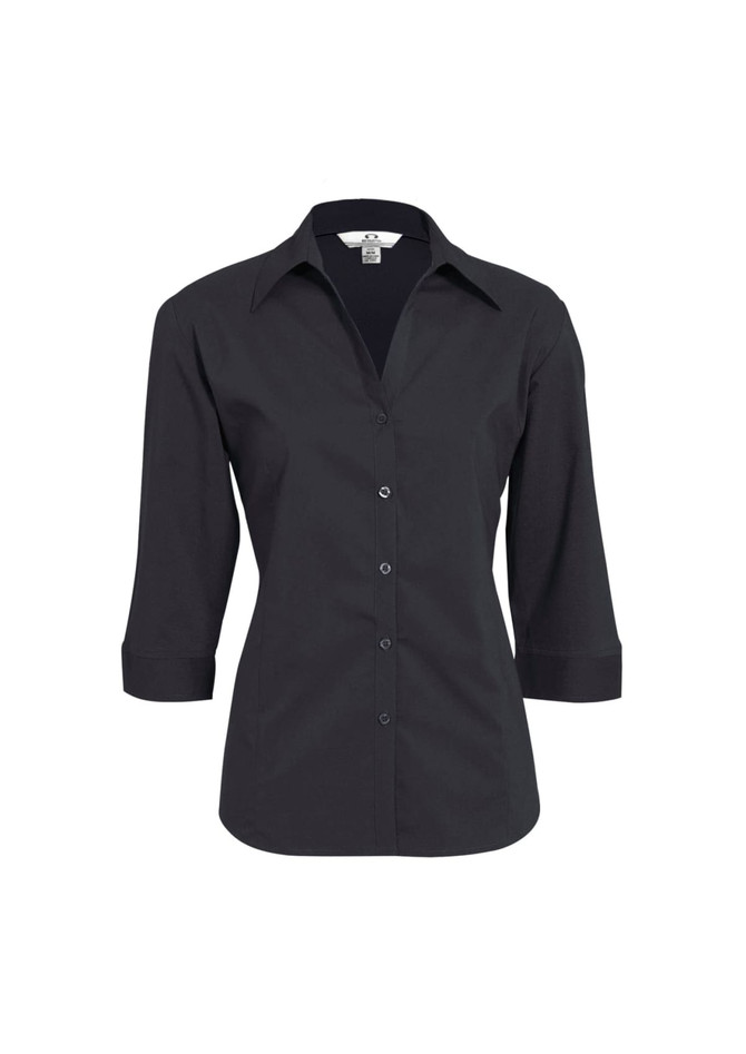 A black women's button-up shirt with 3/4 sleeves and a collar, featuring a button front and a logo.
