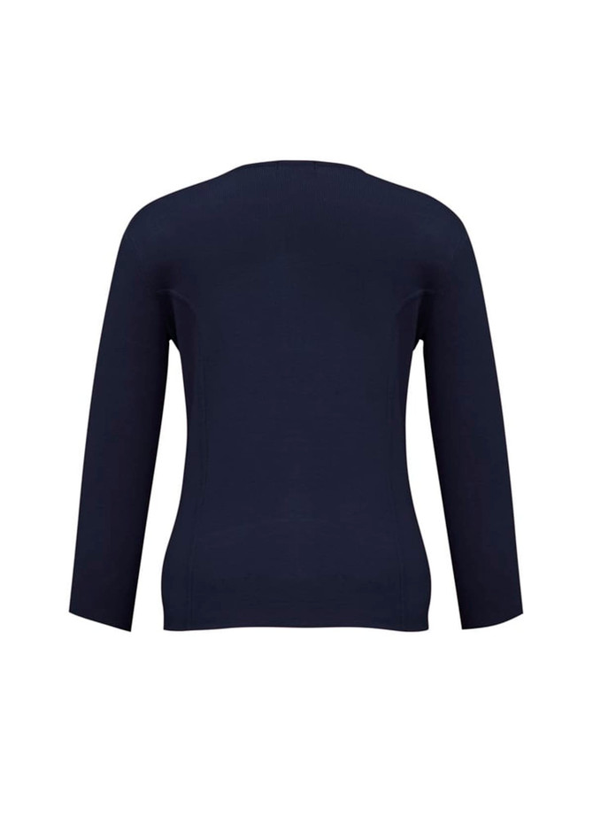 A navy women's 2-way zip cardigan with three-quarter sleeves and a fitted design. It features a logo.