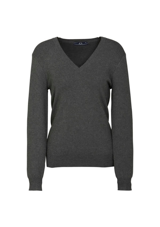 A dark grey women's V-neck knit pullover with long sleeves and a fitted silhouette. Features branding.