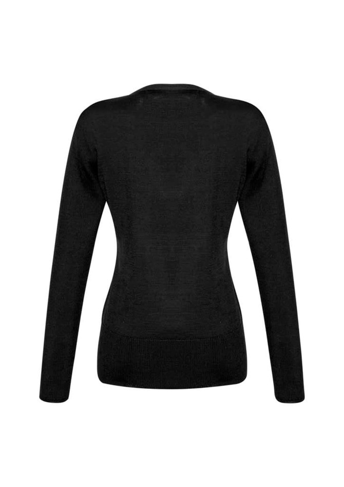 A black women's pullover sweater with long sleeves and a fitted silhouette, featuring a logo on the back.