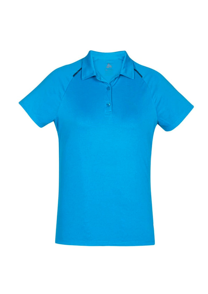 A women's short sleeve polo shirt in vibrant blue, featuring a collar and buttons, with a logo on the chest.