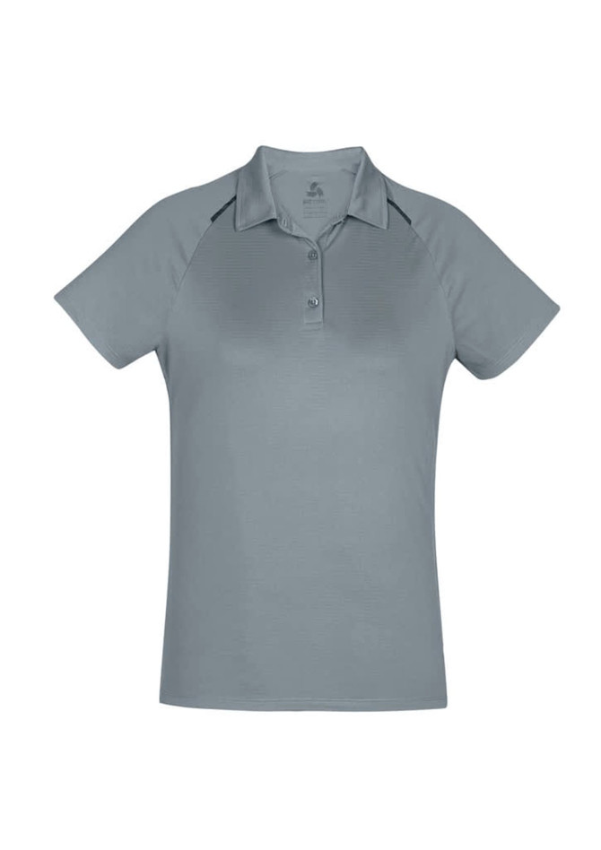A women's short sleeve polo shirt in a soft grey colour, featuring a collar and a logo.