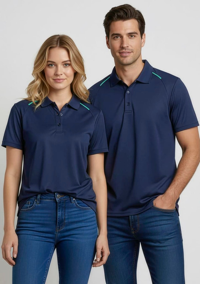 A navy blue short sleeve polo shirt featuring a logo, displayed on both a male and female model.