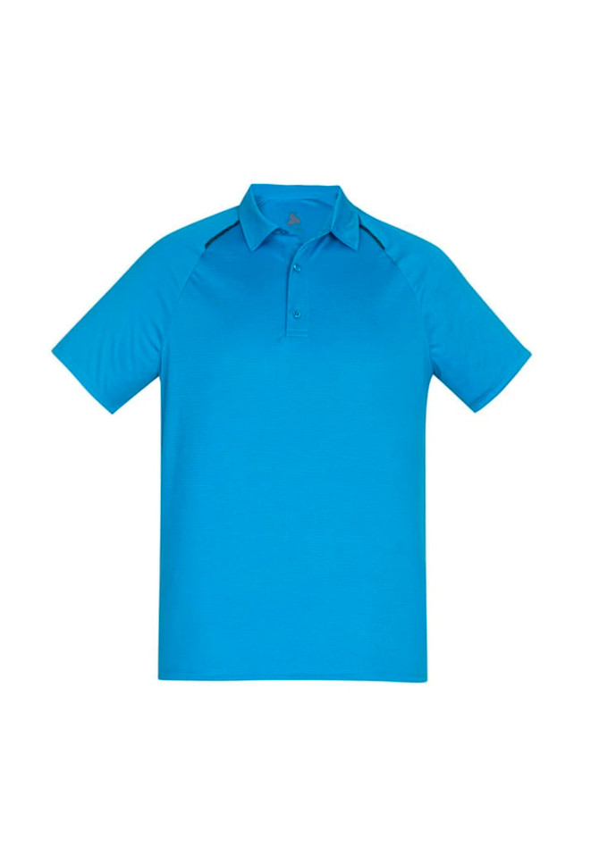 A blue men's short sleeve polo shirt featuring a collar and contrast detail, with a logo on the chest.
