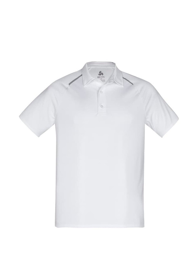 A white polo shirt with short sleeves and a subtle logo on the front.