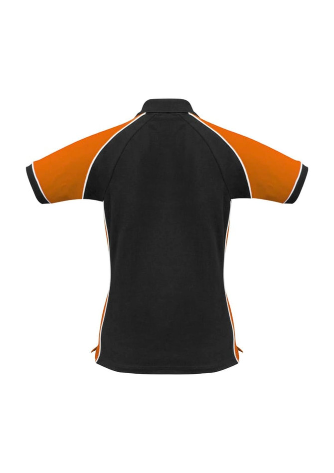 A women's polo shirt in black with orange sleeves and white detailing, featuring a logo on the front.