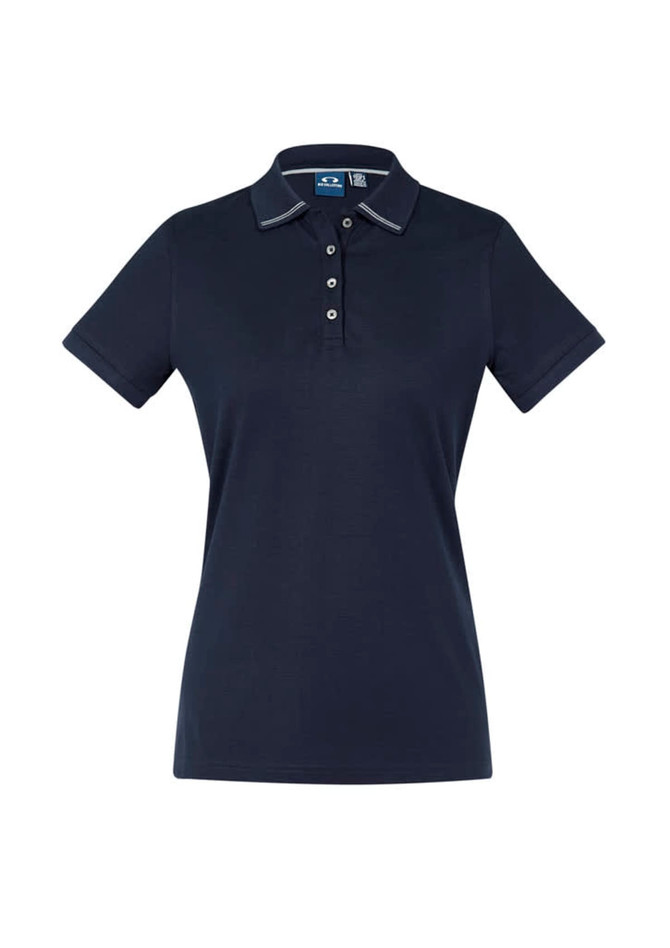 Womens Aston Short Sleeve Polo in navy, featuring a collar, short sleeves, and a branded logo.