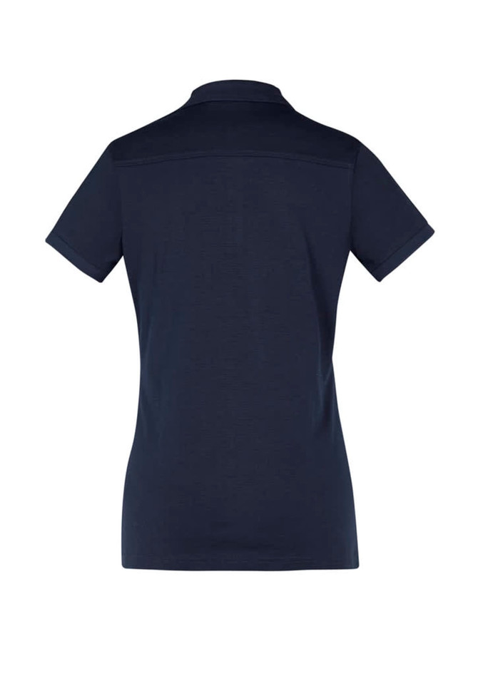 A navy women's short sleeve polo shirt with a classic collar, featuring a logo on the front.