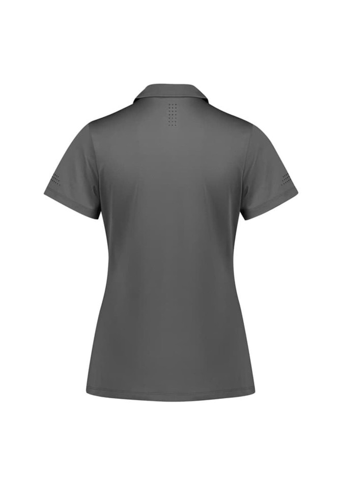 A grey women's short sleeve polo shirt with a back design featuring a logo and perforated detailing on the sleeves.