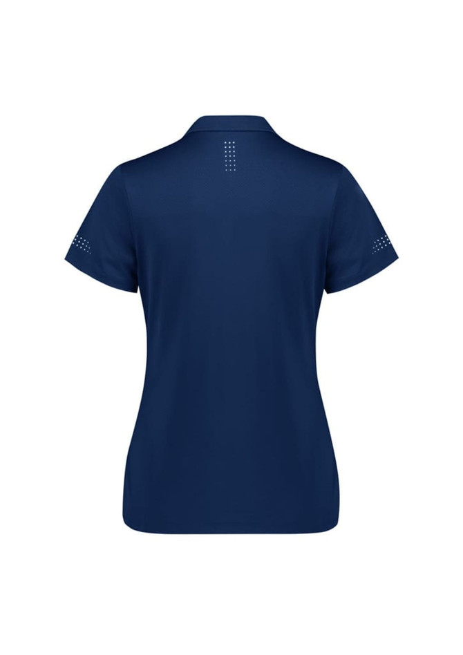 A navy women's short sleeve polo shirt with a subtle logo and decorative detailing on the sleeves.