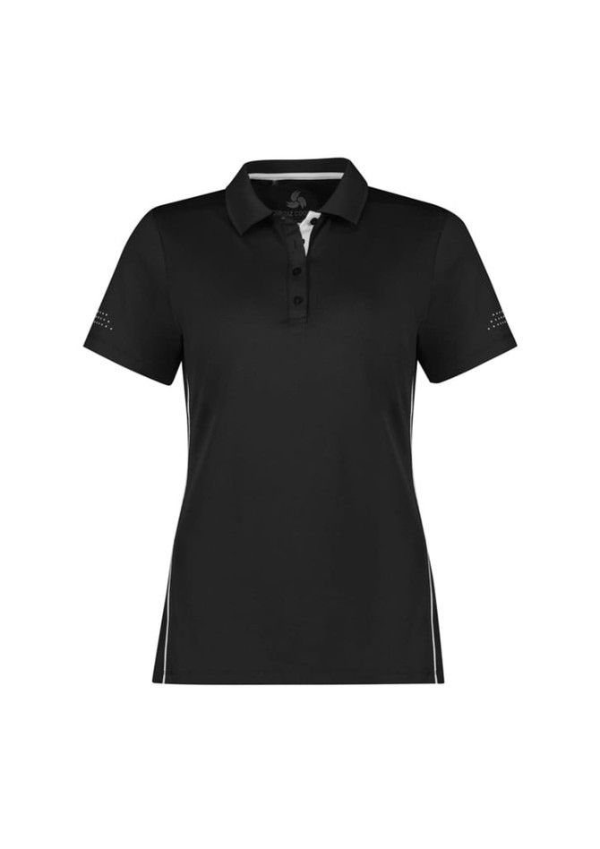 A black women's short sleeve polo shirt featuring a collar, button placket, and logo detail.