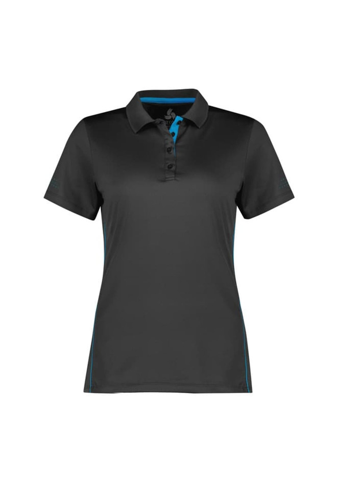 A women's short sleeve polo shirt in black with blue accents and a logo.