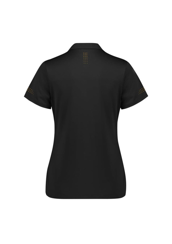 A black women's short sleeve polo shirt with a branded logo, featuring decorative detailing on the sleeves.
