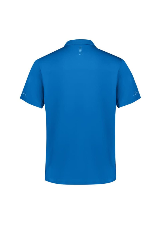 A blue men's short sleeve polo shirt featuring a logo and subtle design elements on the sleeves.