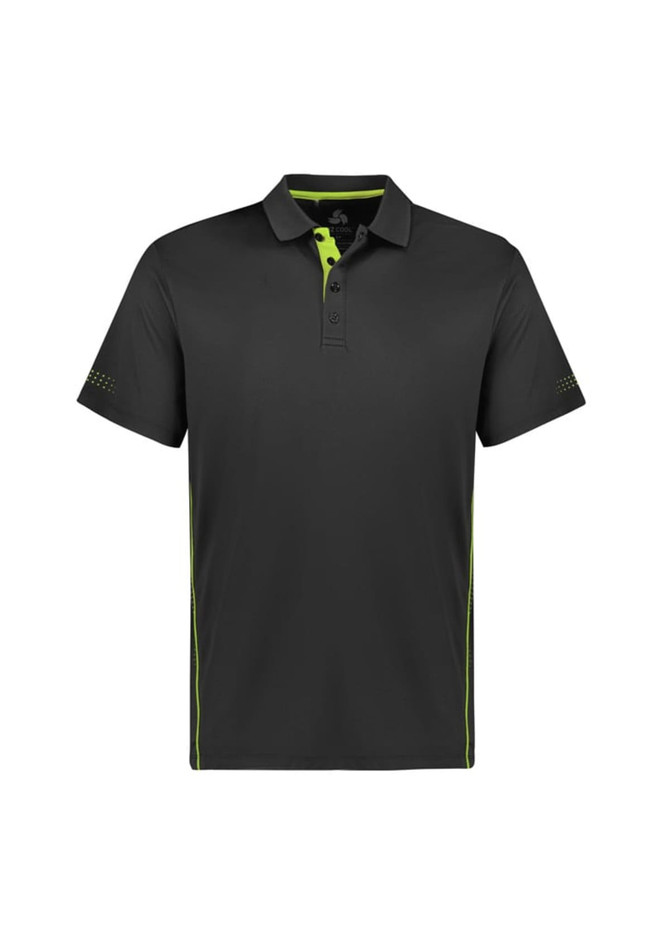 A black short sleeve polo shirt with lime green accents and a logo on the chest.