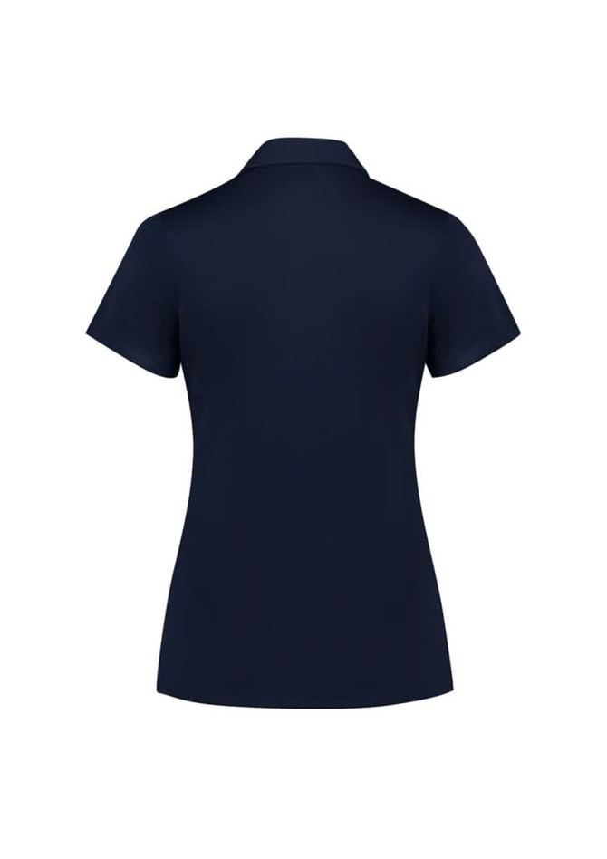 A women's short sleeve polo shirt in navy, featuring a collared design and a logo on the back.