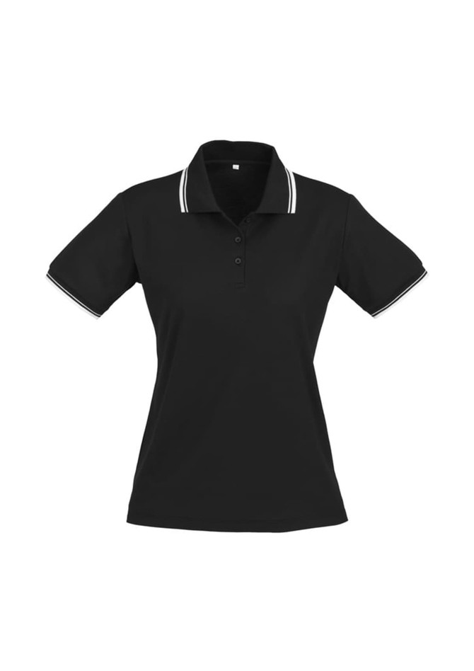 A women's black polo shirt with short sleeves and contrasting stripes on the collar and sleeves. Features a logo.