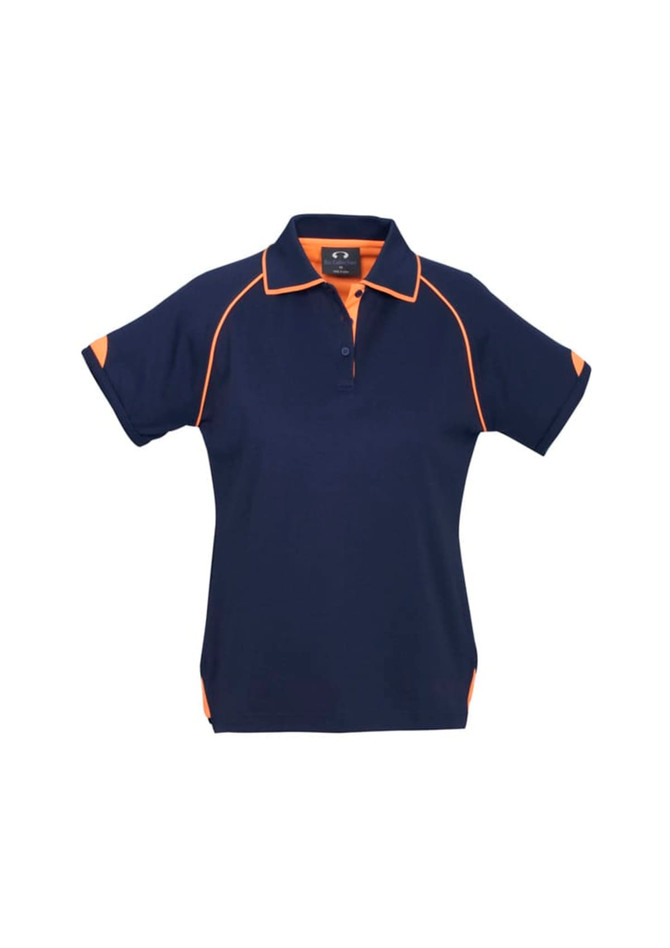 A navy polo shirt featuring orange accents and a logo on the front. Short sleeves and a classic collar design.