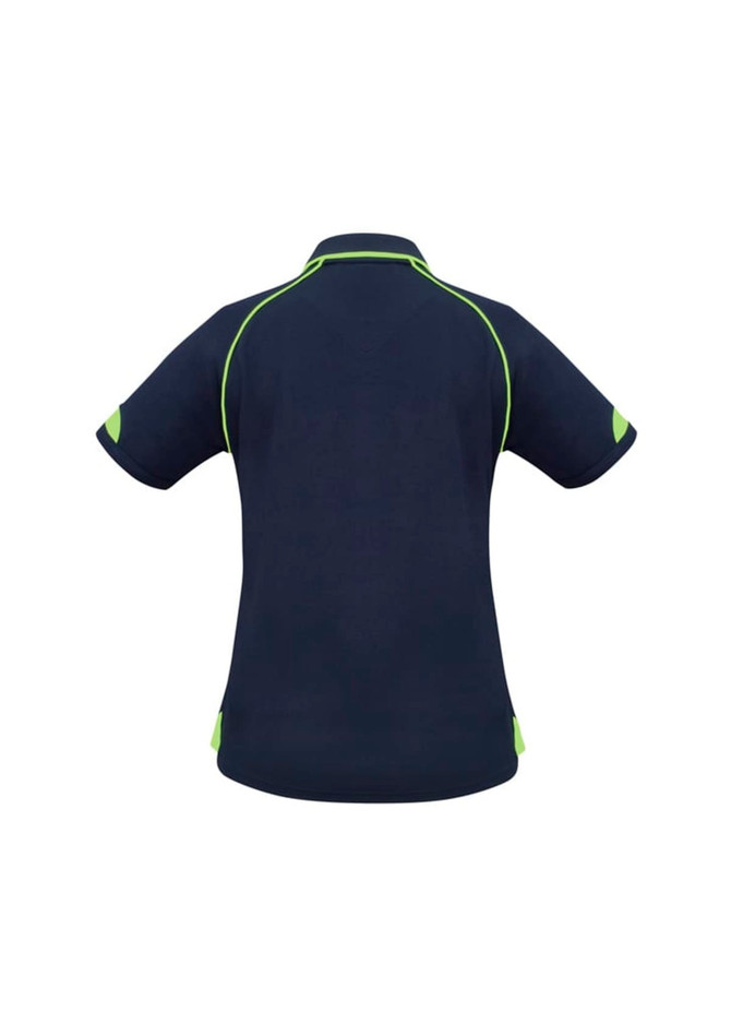 A navy short sleeve polo shirt featuring green detailing and a small logo on the back.