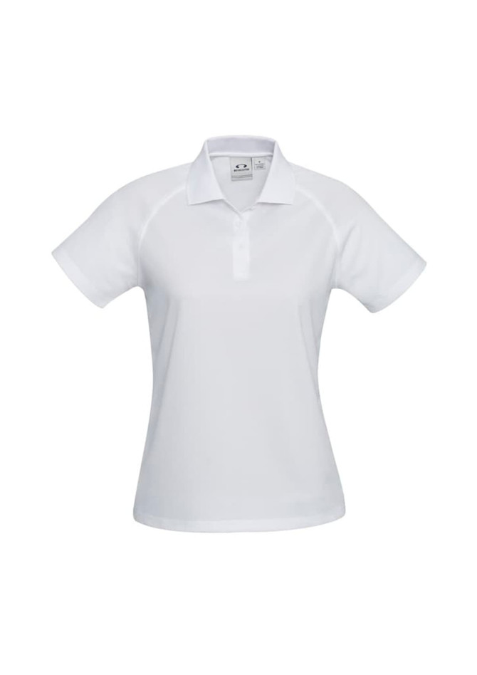 A white women's short sleeve polo shirt with a collar and logo detail.