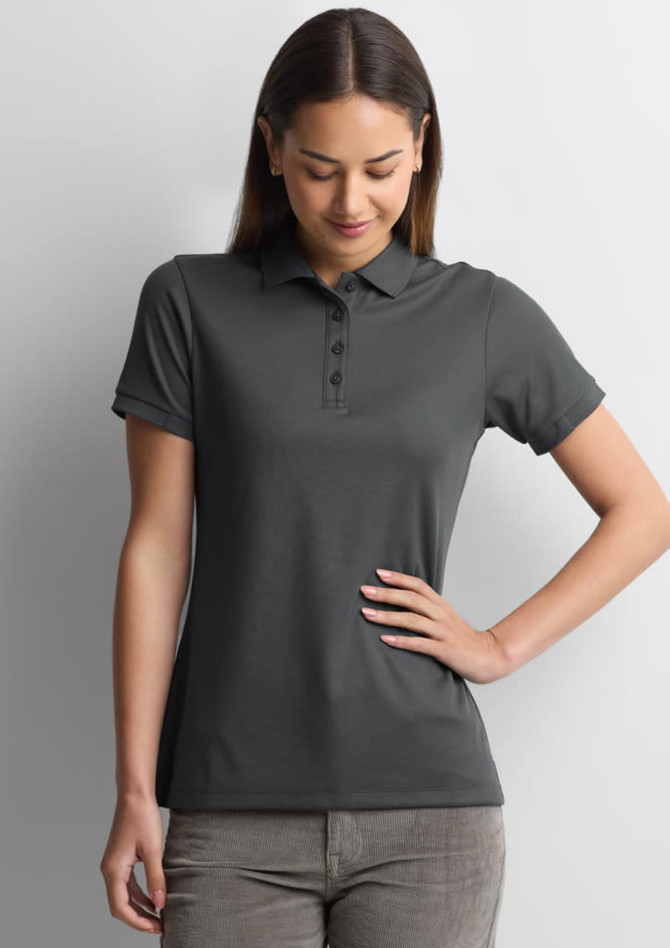 A women's short sleeve polo shirt in dark grey with a classic collar and button detail, featuring a logo.