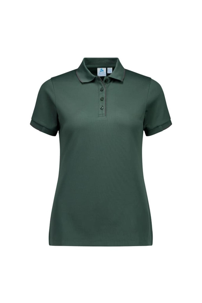 A women's short sleeve polo shirt in dark green with a collar and button placket, featuring a logo.