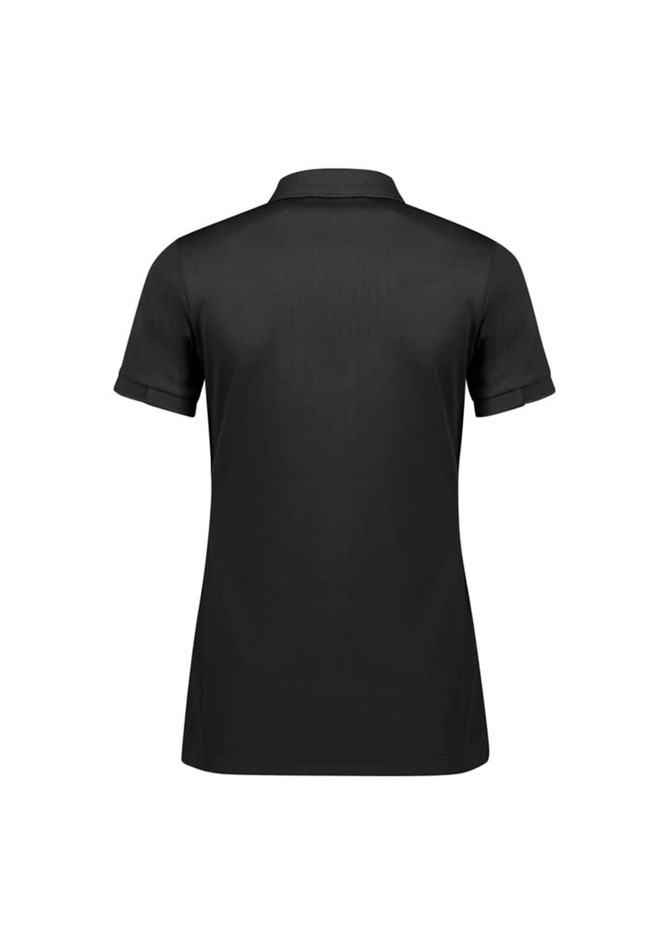 A women's short sleeve polo shirt in black, featuring a collar and rolled sleeves, with a logo on the back.