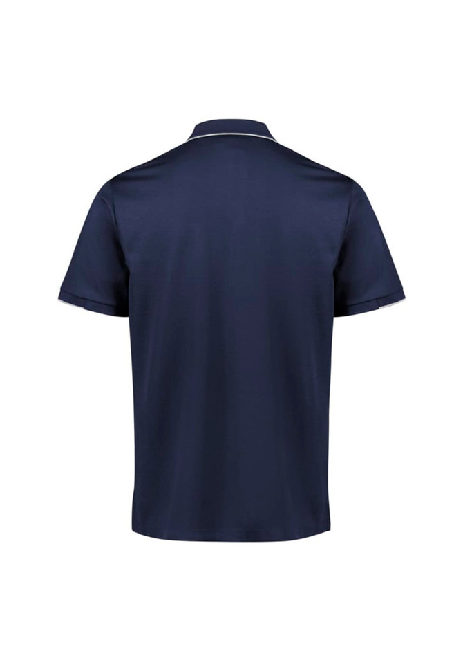 A navy short sleeve polo shirt with a collar and a back view. The shirt features a logo.