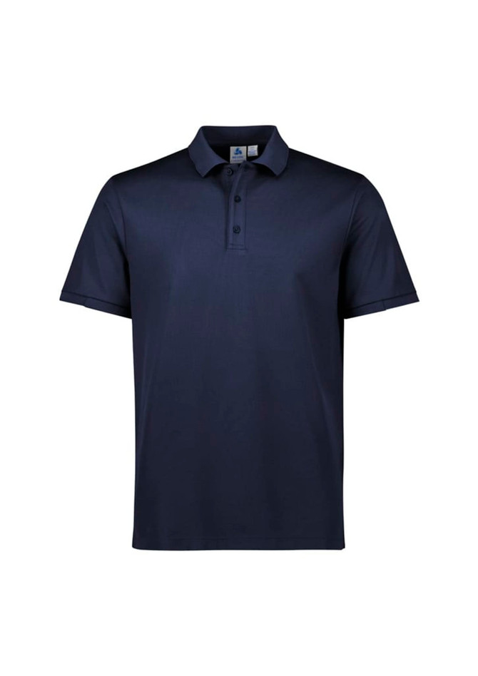 A navy short sleeve polo shirt featuring a collar and a front button placket. The shirt includes a logo on it.