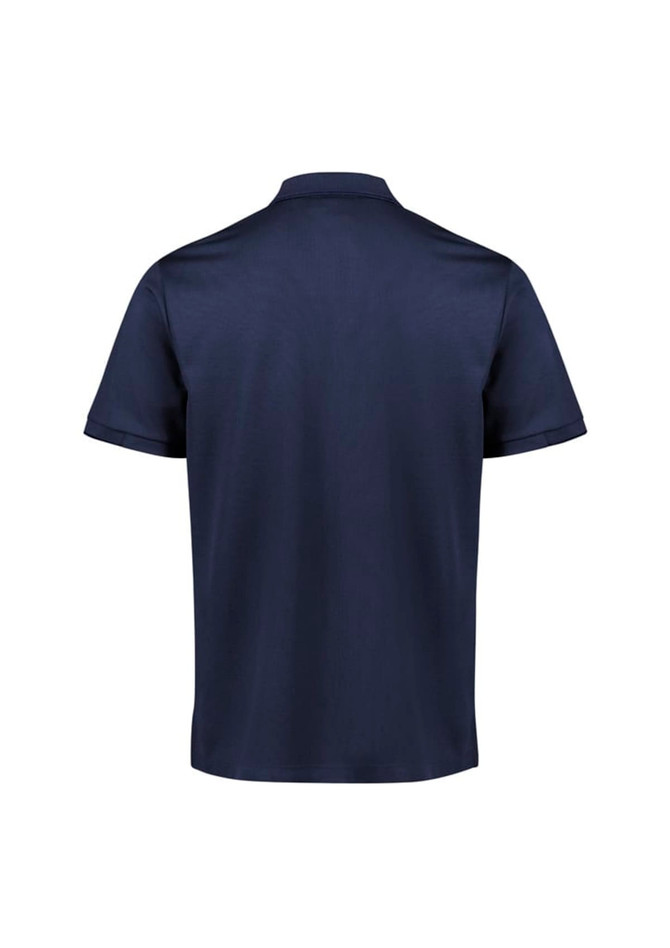 A navy blue men's short sleeve polo shirt with a smooth fabric finish and a branded logo.