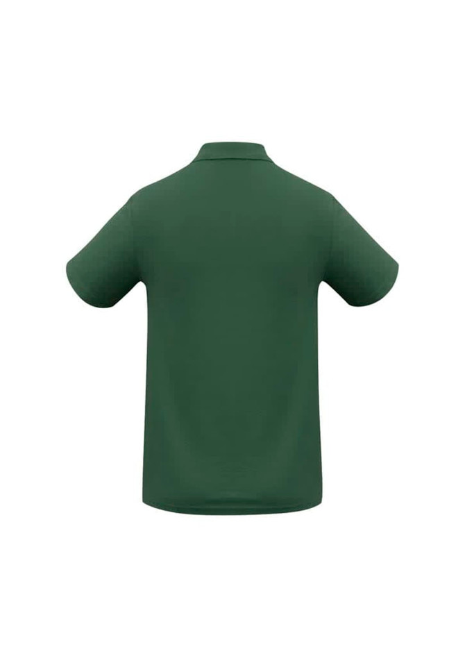 A green men's polo shirt featuring a classic collar and short sleeves, with a branding logo on the back.