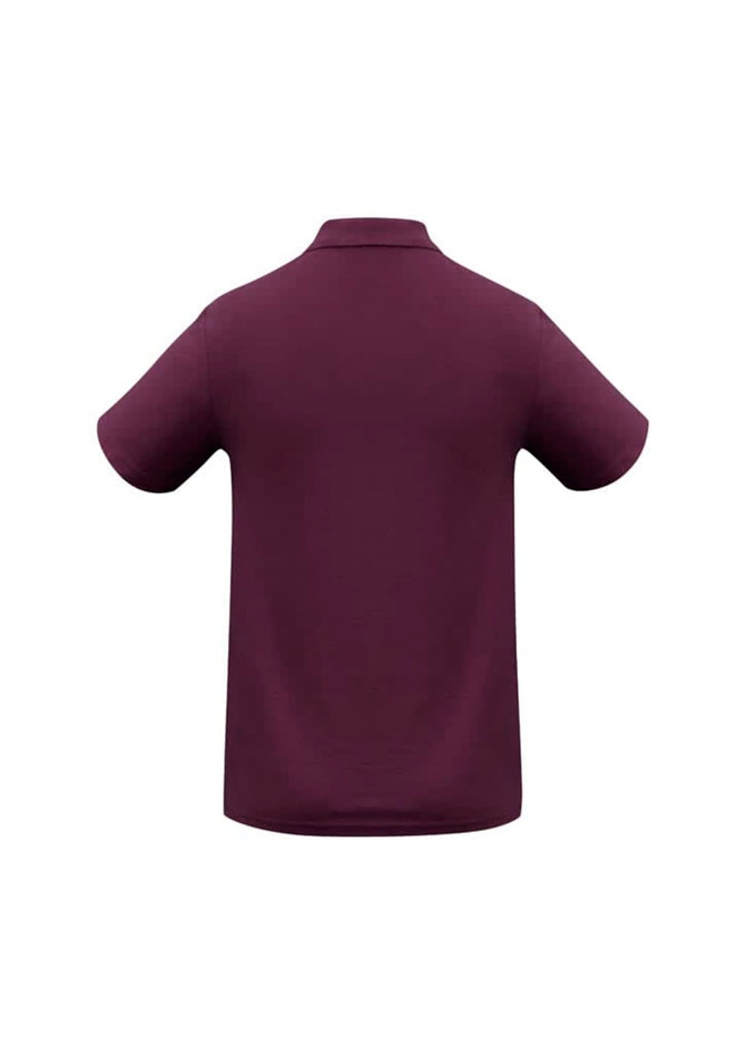 A men's polo shirt in a rich purple hue, featuring short sleeves and a classic collar. It has a small logo on the back.