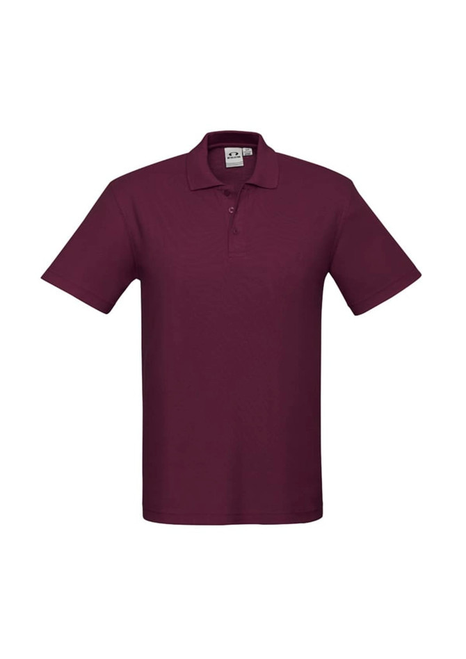 A burgundy polo shirt with a collar and a logo. Short-sleeved and made of lightweight fabric.