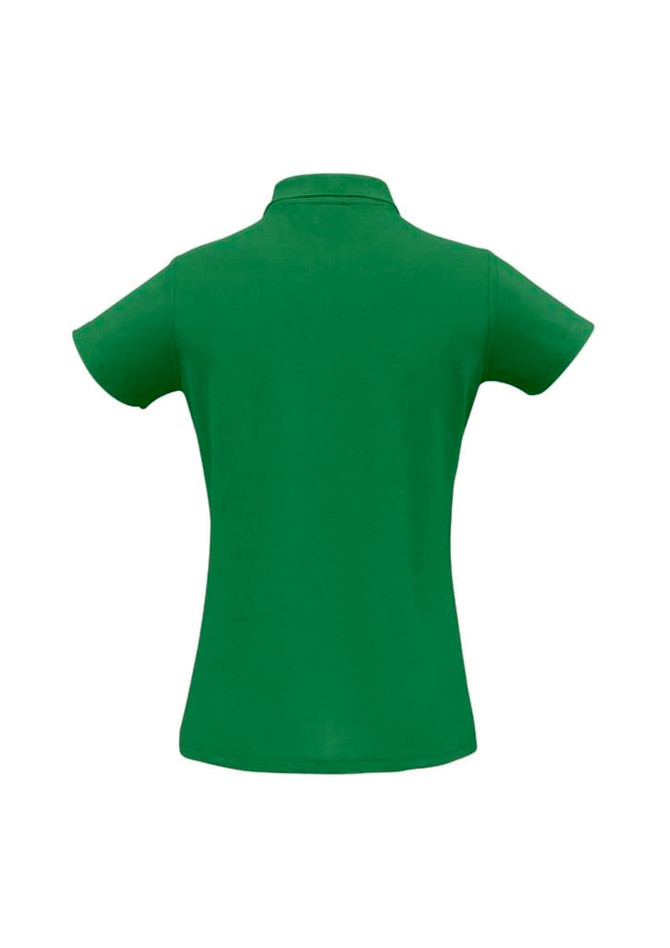 A green ladies polo shirt with a collar and short sleeves, featuring a logo on the back.