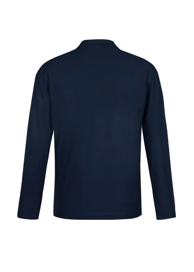 A navy long sleeve polo shirt with a simple design and a logo on the chest area.