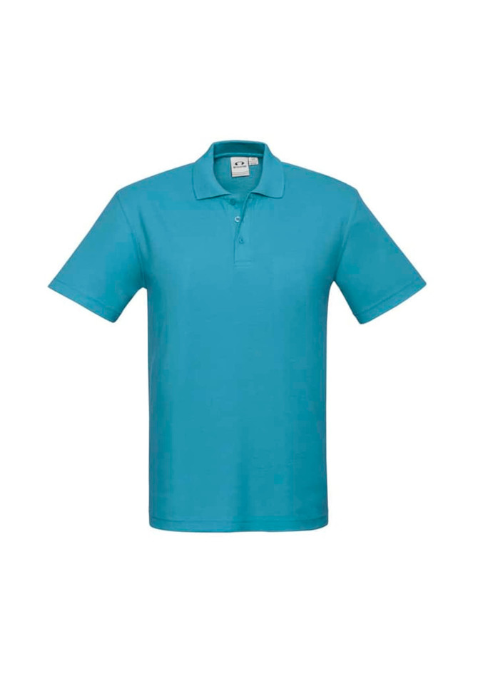 A teal polo shirt with a collar and short sleeves. It features a logo on the chest.