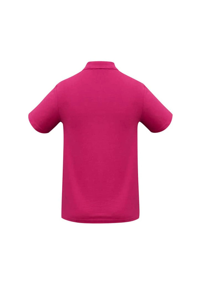 A magenta Crew Mens Polo shirt featuring a collar and short sleeves, with a branding logo.