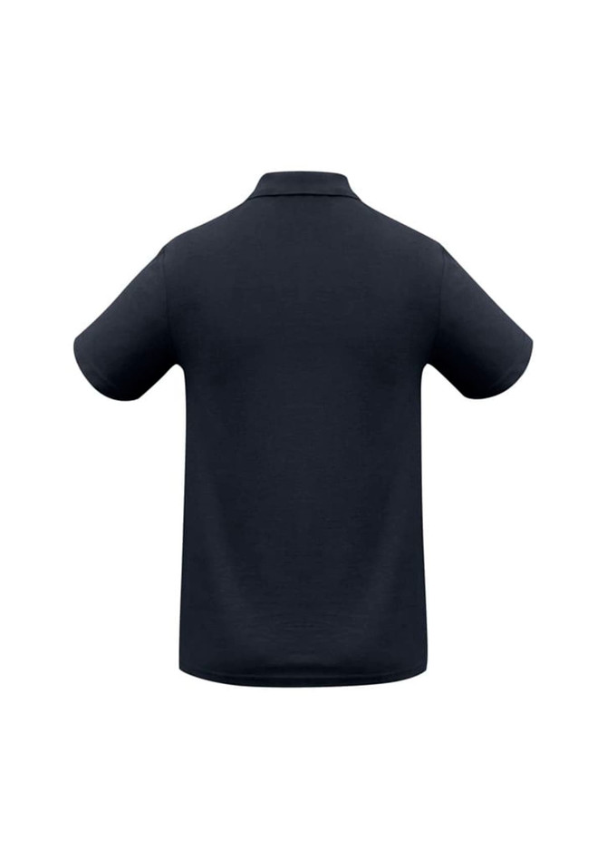 A navy blue men's polo shirt with a classic collar and short sleeves, featuring a logo on the front.
