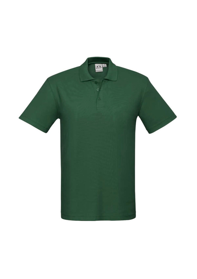 A green polo shirt with a collar, short sleeves, and a logo on the chest area.