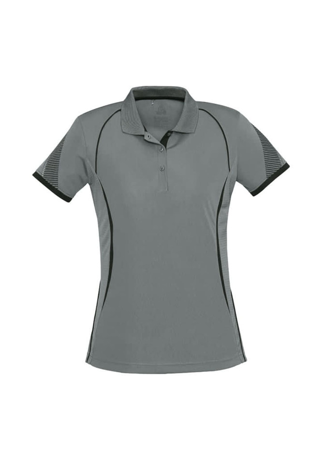 A women's short sleeve polo shirt in grey with black detailing and a logo on the chest.
