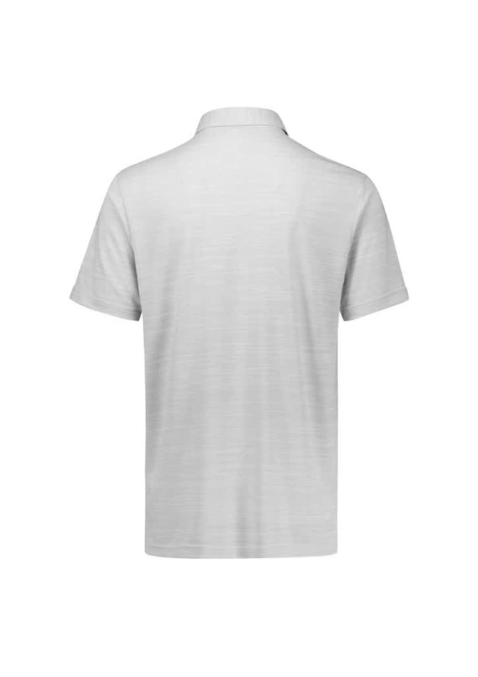 A light grey men's short sleeve polo shirt with a collar and a logo on the back.