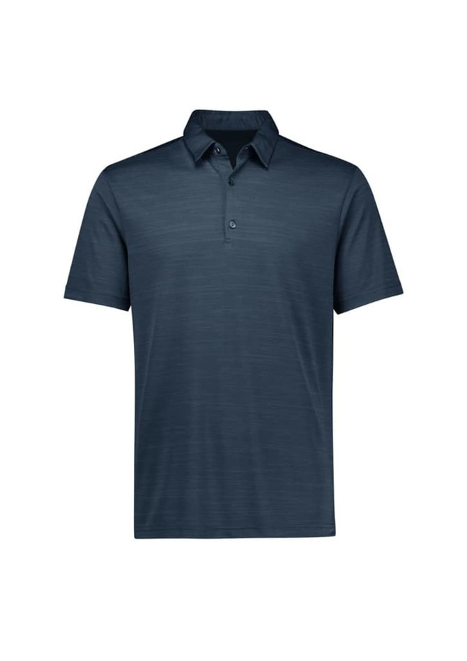A short sleeve polo shirt in a dark blue shade with a subtle striped pattern and a collar. Features a logo.